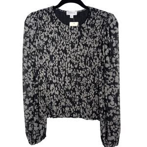 New Evereve Small S Black Gray Tori Floral Mesh Top Smocked Bodice Long Sleeve
